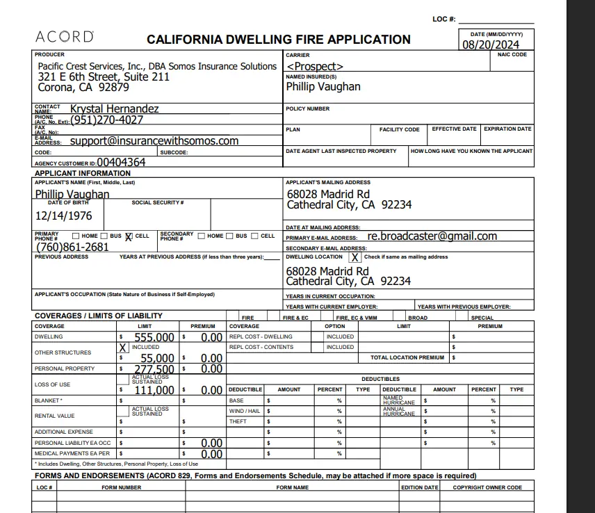 Insurance documentation sample with identifying information blurred