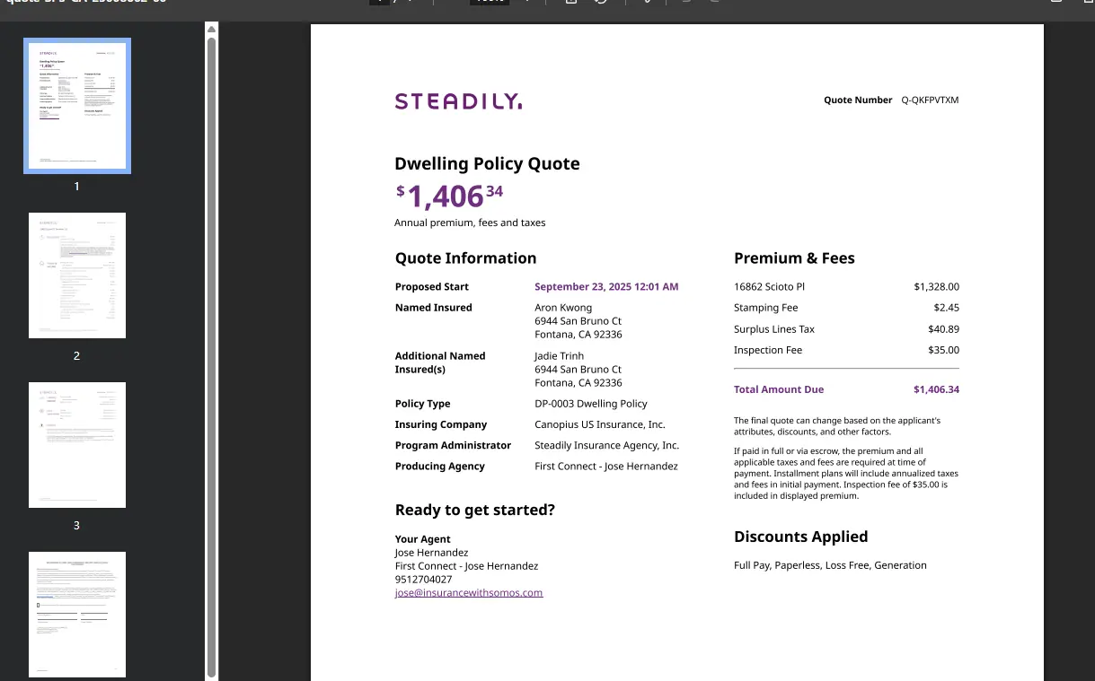 Insurance quote workflow sample with identifying information blurred
